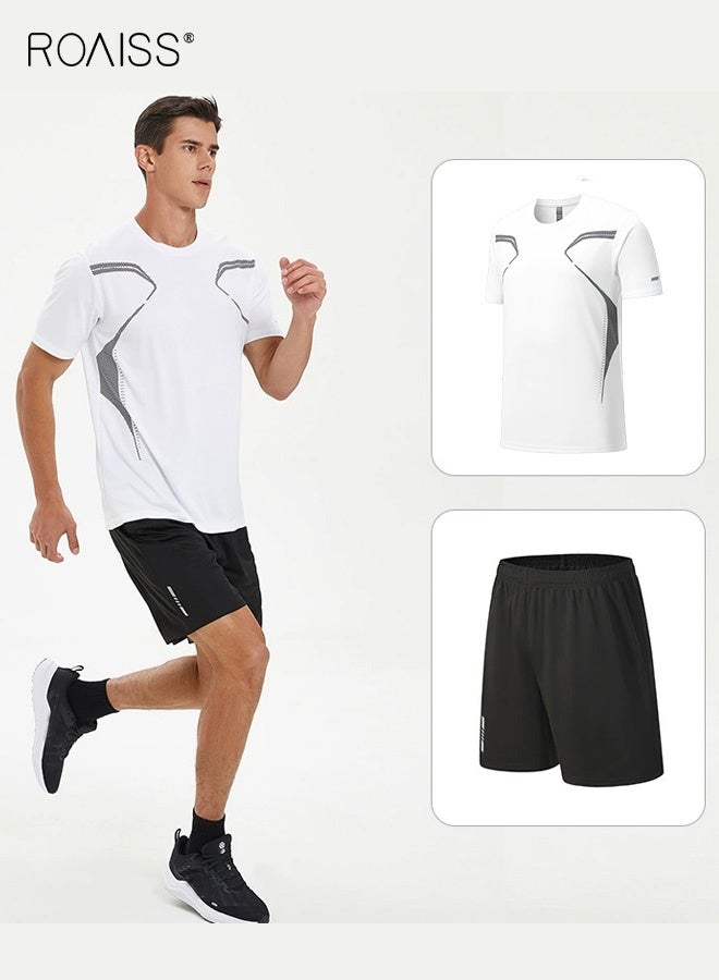 roaiss Men's Quick Dry Athletic Set, Short Sleeve T-Shirt and Elastic Waistband Shorts Activewear Set, Regular Fit Crewneck Workout Set,  Breathable Moisture Wicking Polyester Gym Outfit Set, High stretch Lightweight Sportswear Set for Running Training Boxing, White - Image 1